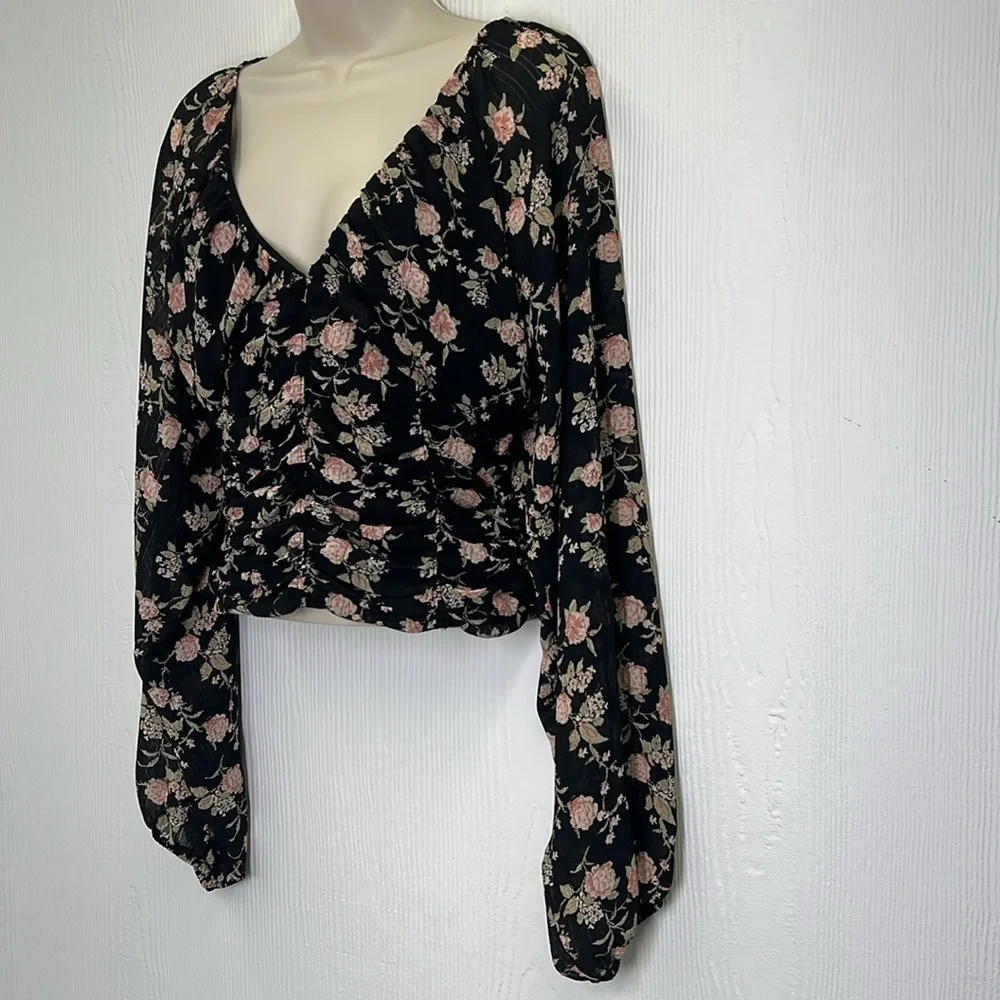 Free People - Final Rose Black Ruched Smocked Long Sleeve Blouse Size Small